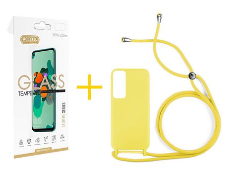 Pack 1 X Protector de Vidrio Templado 2.5D + Funda ACCETEL para Huawei P Smart 2021 Gel con Cordón Amarillo
