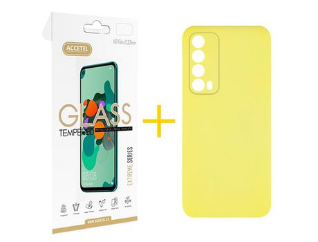 Pack 1 X Protector de Vidrio Templado 2.5D + Funda ACCETEL para Huawei P Smart 2021 Silicona Líquida Amarillo