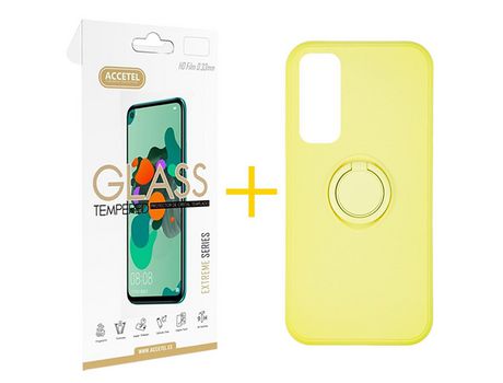 Pack 1 X Protector de Vidrio Templado 2.5D + Funda ACCETEL para Huawei P Smart 2021 Gel O-Ring Amarillo