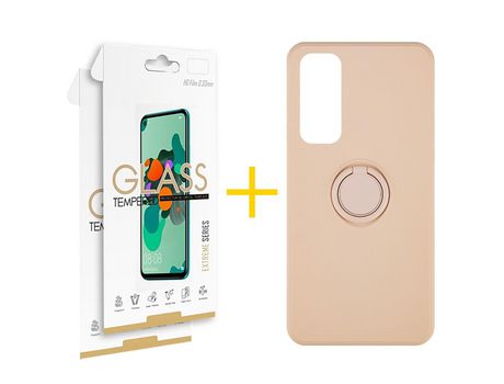 Pack 2 Películas 2.5D + Funda SKYHE por Huawei P Smart 2021 Gel O-Ring Rosa Pastel