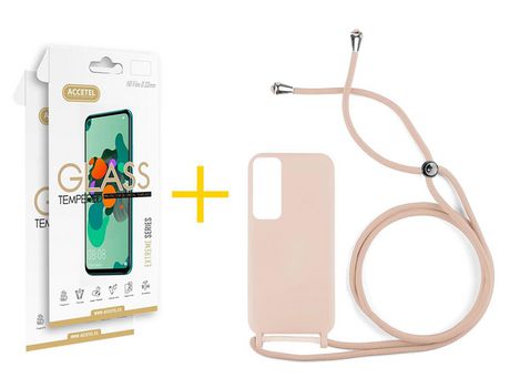 Pack 2 X Protector de Vidrio Templado 2.5D + Funda ACCETEL para Huawei P Smart 2021 Gel con Cordón Rosa Pastel