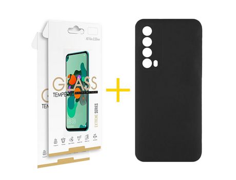 Pack 2 Películas 2.5D + Funda SKYHE por Huawei P Smart 2021 Silicona Líquida Negro