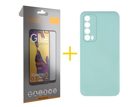 Pack 1 X Protector de Vidrio Templado Full + Funda ACCETEL para Huawei P Smart 2021 Silicona Líquida Verde-Agua