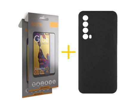 Pack 2 X Protector de Vidrio Templado Full + Funda ACCETEL para Huawei P Smart 2021 Silicona Líquida Negro