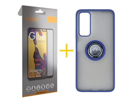 Pack 1 X Protector de Vidrio Templado Full + Funda ACCETEL para Huawei P Smart 2021 Gel Bumper con Anillo Azul