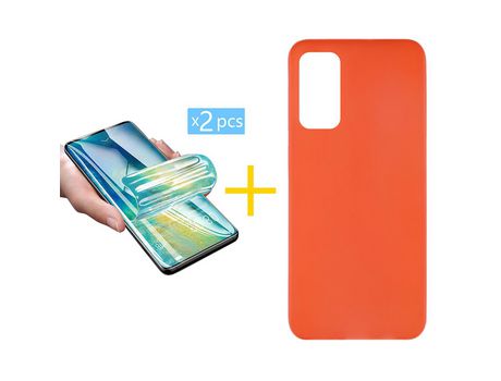 Pack 2 X Protector de Vidrio Templado Hidrogel + Funda ACCETEL para Huawei P Smart 2021 Silicona Liso Rojo