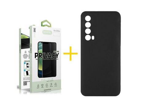 Pack 1 X Protector de Vidrio Templado Anti espía + Funda ACCETEL para Huawei P Smart 2021 Silicona Líquida Negro