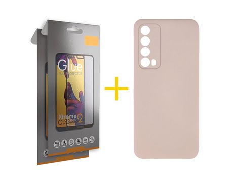 Pack 2 Películas Full + Funda SKYHE por Huawei P Smart 2021 Silicona Líquida Rosa