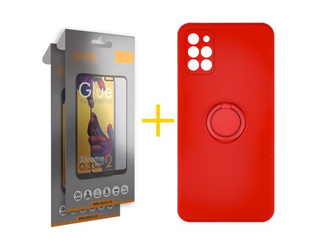 Pack 2 X Protector de Vidrio Templado Full + Funda ACCETEL para Samsung Galaxy A31 Gel O-Ring Rojo