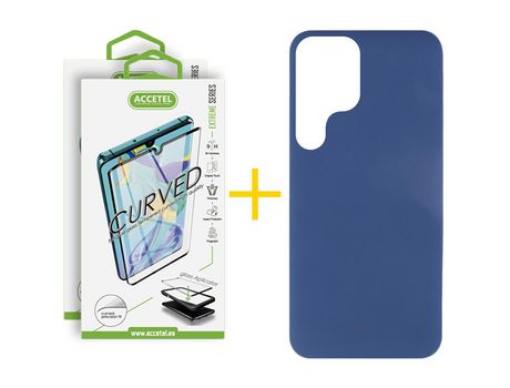 Pack 2 X Protector de Vidrio Templado Curvado + Funda para Samsung Galaxy S22 Ultra 5G Silicona Líquida Azul Oscuro