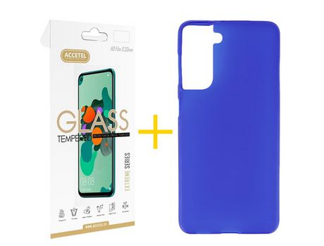 Pack 1 X Protector de Vidrio Templado 2.5D + Funda ACCETEL para Samsung Galaxy S21 FE 5G Silicona Liso Azul