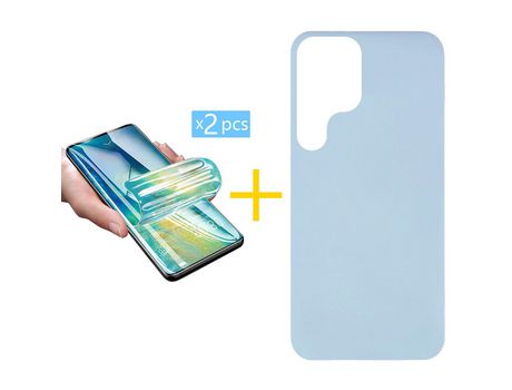 Pack 2 X Protector de Vidrio Templado Hidrogel + Funda para Samsung Galaxy S22 Ultra 5G Silicona Líquida Azul Claro