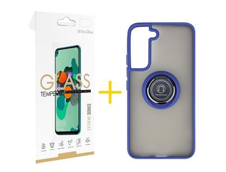Pack 1 Película 2.5D + Funda SKYHE para Samsung Galaxy S21 FE 5G Gel Bumper con Anillo Azul