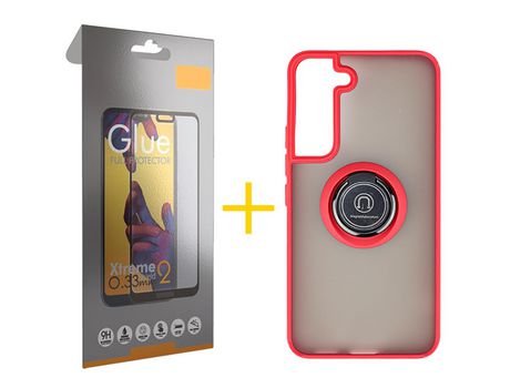 Pack 1 Película Full + Funda SKYHE para Samsung Galaxy S21 FE 5G Gel Bumper con Anillo Rojo