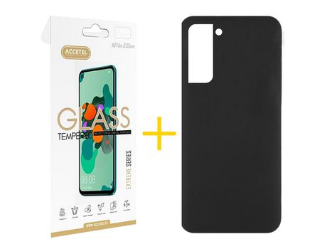 Pack 1 X Protector de Vidrio Templado 2.5D + Funda ACCETEL para Samsung Galaxy S21 FE 5G Silicona Líquida Negro