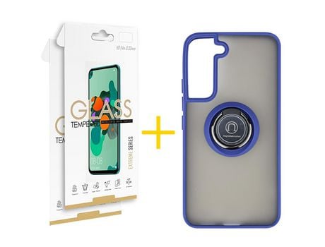 Pack 2 Películas 2.5D + Funda SKYHE para Samsung Galaxy S21 FE 5G Gel Bumper con Anillo Azul Oscuro