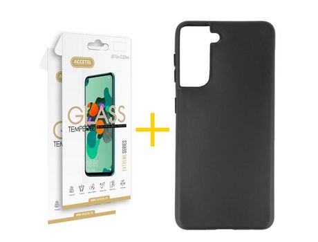 Pack 2 X Protector de Vidrio Templado 2.5D + Funda ACCETEL para Samsung Galaxy S21 FE 5G Silicona Liso Negro