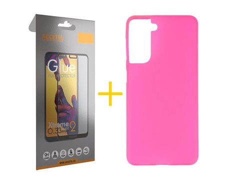 Pack 1 X Protector de Vidrio Templado Full + Funda ACCETEL para Samsung Galaxy S21 FE 5G Silicona Liso Rosa