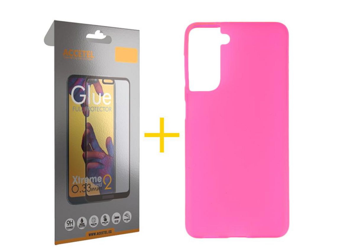 Pack 1 X Protector de Vidrio Templado Full + Funda ACCETEL para Samsung Galaxy S21 FE 5G Silicona Liso Rosa