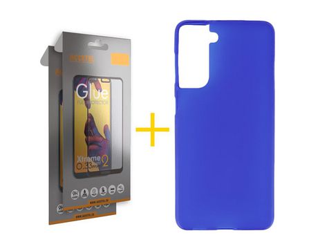 Pack 2 X Protector de Vidrio Templado Full + Funda ACCETEL para Samsung Galaxy S21 FE 5G Silicona Liso Azul