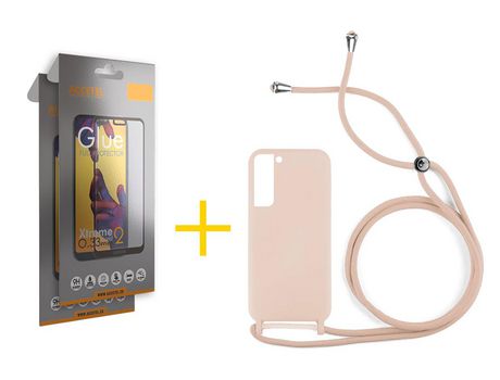 Pack 2 X Protector de Vidrio Templado Full + Funda ACCETEL para Samsung Galaxy S21 FE 5G Gel con Cordón Rosa Pastel