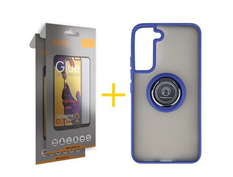 Pack 2 X Protector de Vidrio Templado Full + Funda ACCETEL para Samsung Galaxy S21 FE 5G Gel Bumper con Anillo Azul