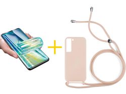 Pack 1 Película + Funda SKYHE para Samsung Galaxy S21 FE 5G Gel con Cordón Rosa Pastel