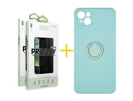 Pack 2 X Protector de Vidrio Templado Anti espía + Funda ACCETEL para iPhone 13 Mini Gel O-Ring Verde-Agua
