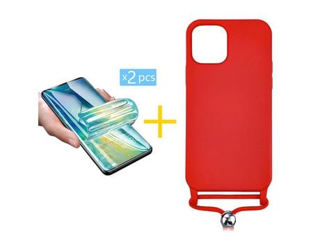Pack 2 Películas + Funda SKYHE para Apple iPhone 13 Mini Gel con Cordón Rojo