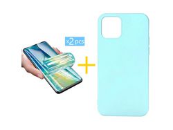 Pack 2 X Protector de Vidrio Templado Hidrogel + Funda ACCETEL para iPhone 13 Mini Silicona Líquida Verde-Agua