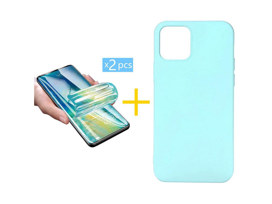 Pack 2 X Protector de Vidrio Templado Hidrogel + Funda ACCETEL para iPhone 13 Mini Silicona Líquida Verde-Agua