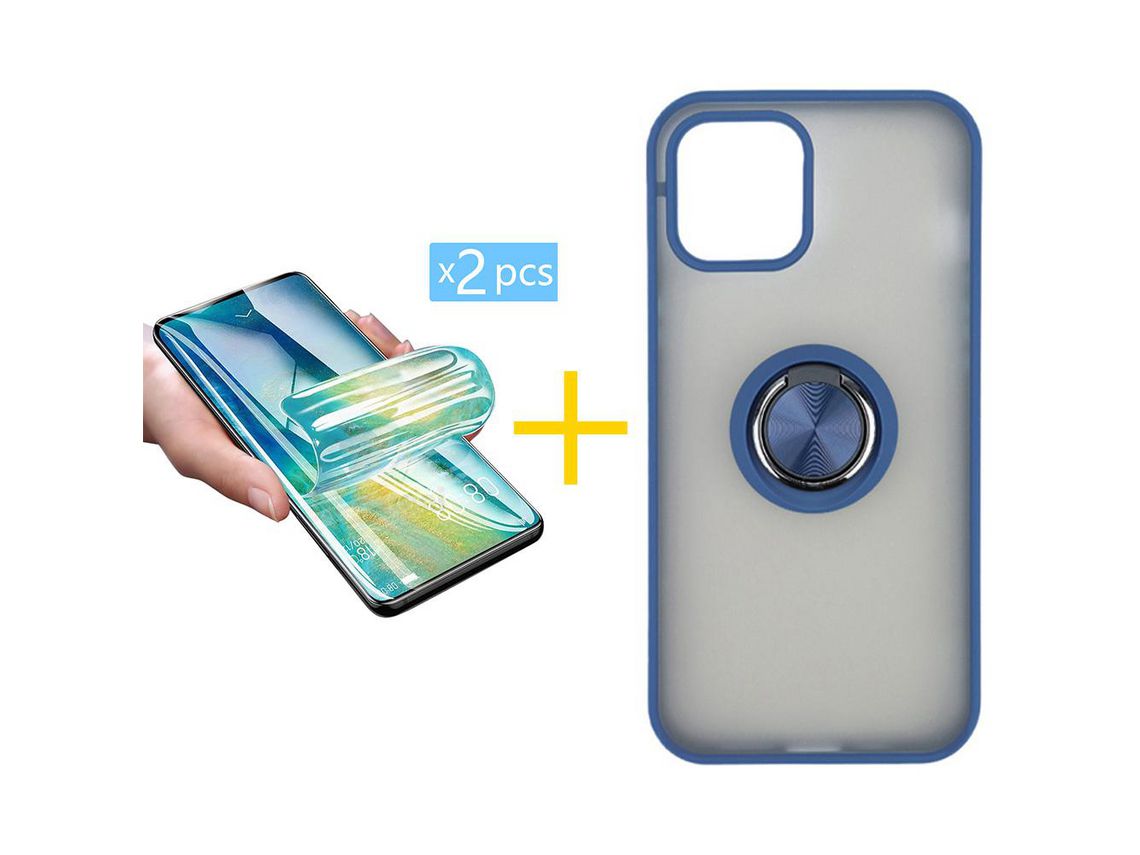 Pack 2 Películas + Funda SKYHE para Apple iPhone 13 Pro Max Gel Bumper con Anillo Azul