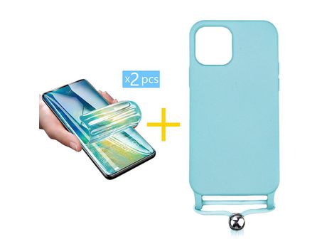 Pack 2 Películas + Funda SKYHE para Apple iPhone 13 Pro Max Gel con Cordón Agua Verde