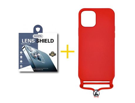 Pack 1 X Protector de Cámara Trasera + Funda ACCETEL para iPhone 13 Pro Max Gel con Cordón Rojo