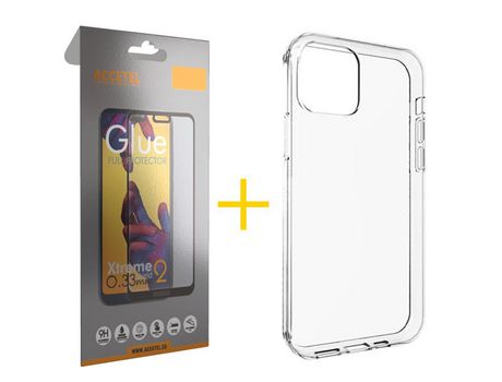 Pack 1 X Protector de Vidrio Templado Full + Funda ACCETEL para iPhone 13 Pro Silicona Liso Transparente Clear