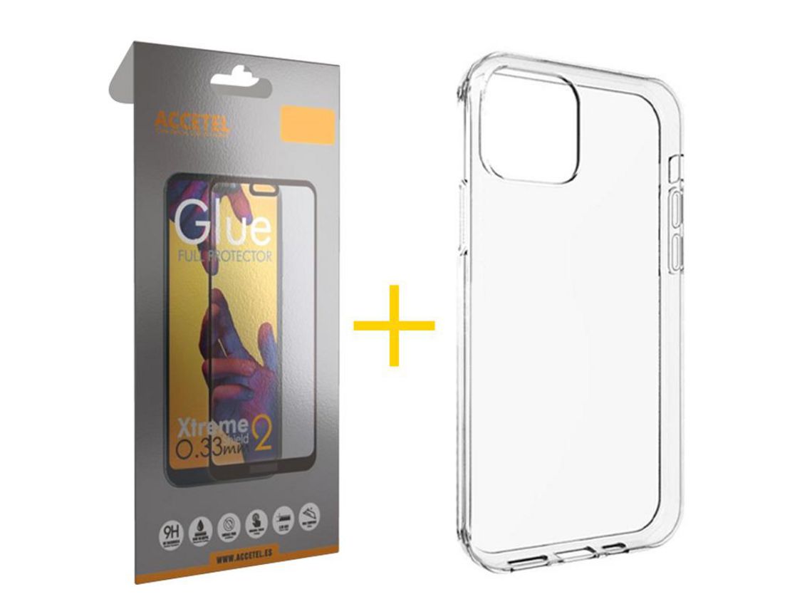 Pack 1 X Protector de Vidrio Templado Full + Funda ACCETEL para iPhone 13 Pro Silicona Liso Transparente Clear