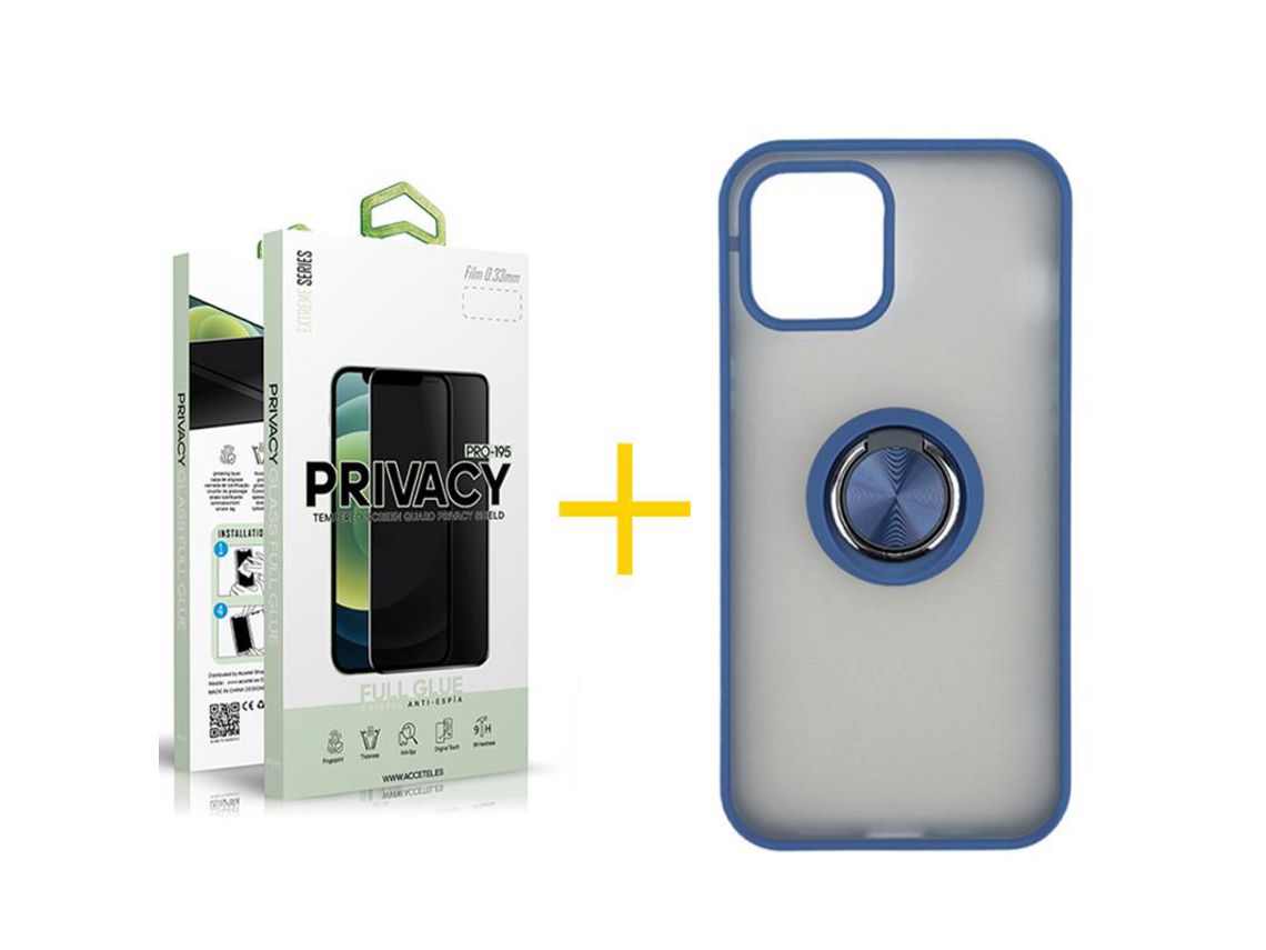 Pack 1 Película Antiespía + Funda SKYHE para Apple iPhone 13 Gel Bumper con Anillo Azul