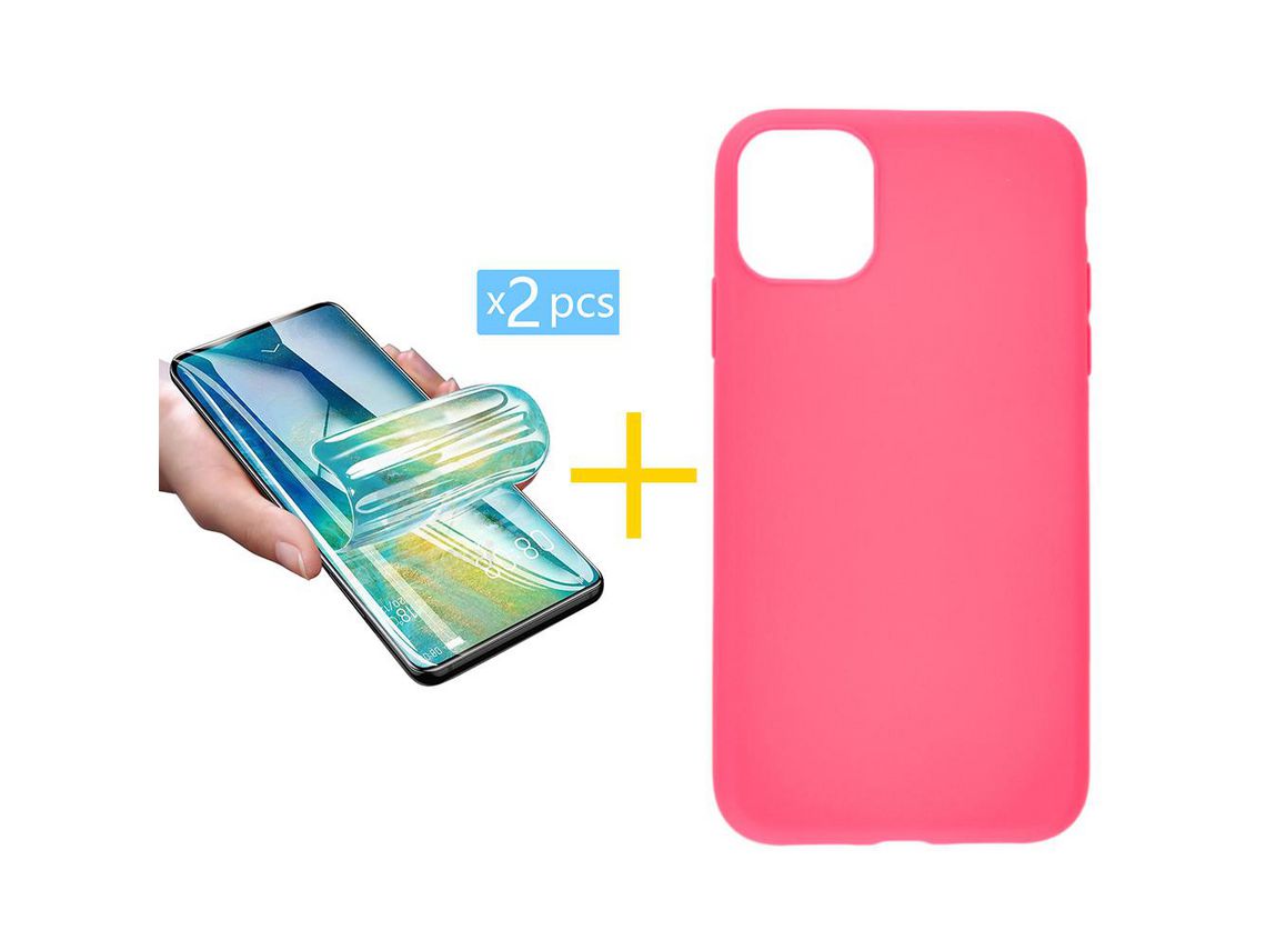 Pack 2 X Protector de Vidrio Templado Hidrogel + Funda ACCETEL para iPhone 13 Silicona Liso Rosa