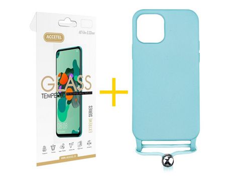Pack 1 X Protector de Vidrio Templado 2.5D + Funda ACCETEL para iPhone 13 Pro Gel con Cordón Agua Verde