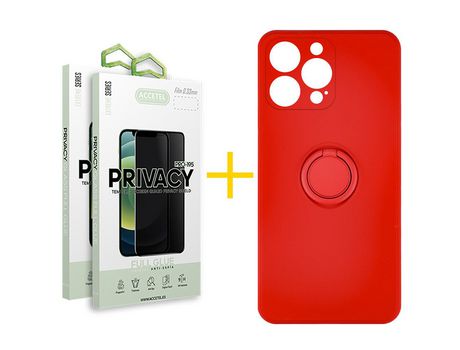 Pack 2 X Protector de Vidrio Templado Anti espía + Funda ACCETEL para iPhone 13 Pro Gel O-Ring Rojo