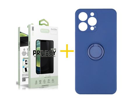 Pack 1 X Protector de Vidrio Templado Anti espía + Funda ACCETEL para iPhone 13 Pro Max Gel O-Ring Azul