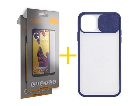 Pack 2 X Protector de Vidrio Templado Full + Funda ACCETEL para iPhone 13 Pro Max Gel Protección Cámara Azul Oscuro