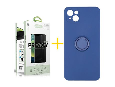 Pack 1 X Protector de Vidrio Templado Anti espía + Funda ACCETEL para iPhone 13 Mini Gel O-Ring Azul