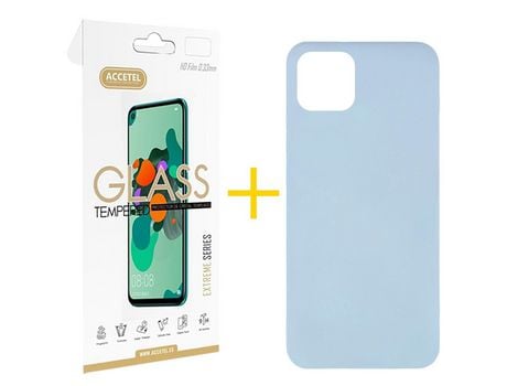 Pack 1 x Protector de Vidrio Templado 2.5D + Funda ACCETEL para iPhone 12 Silicona Líquida Azul Claro