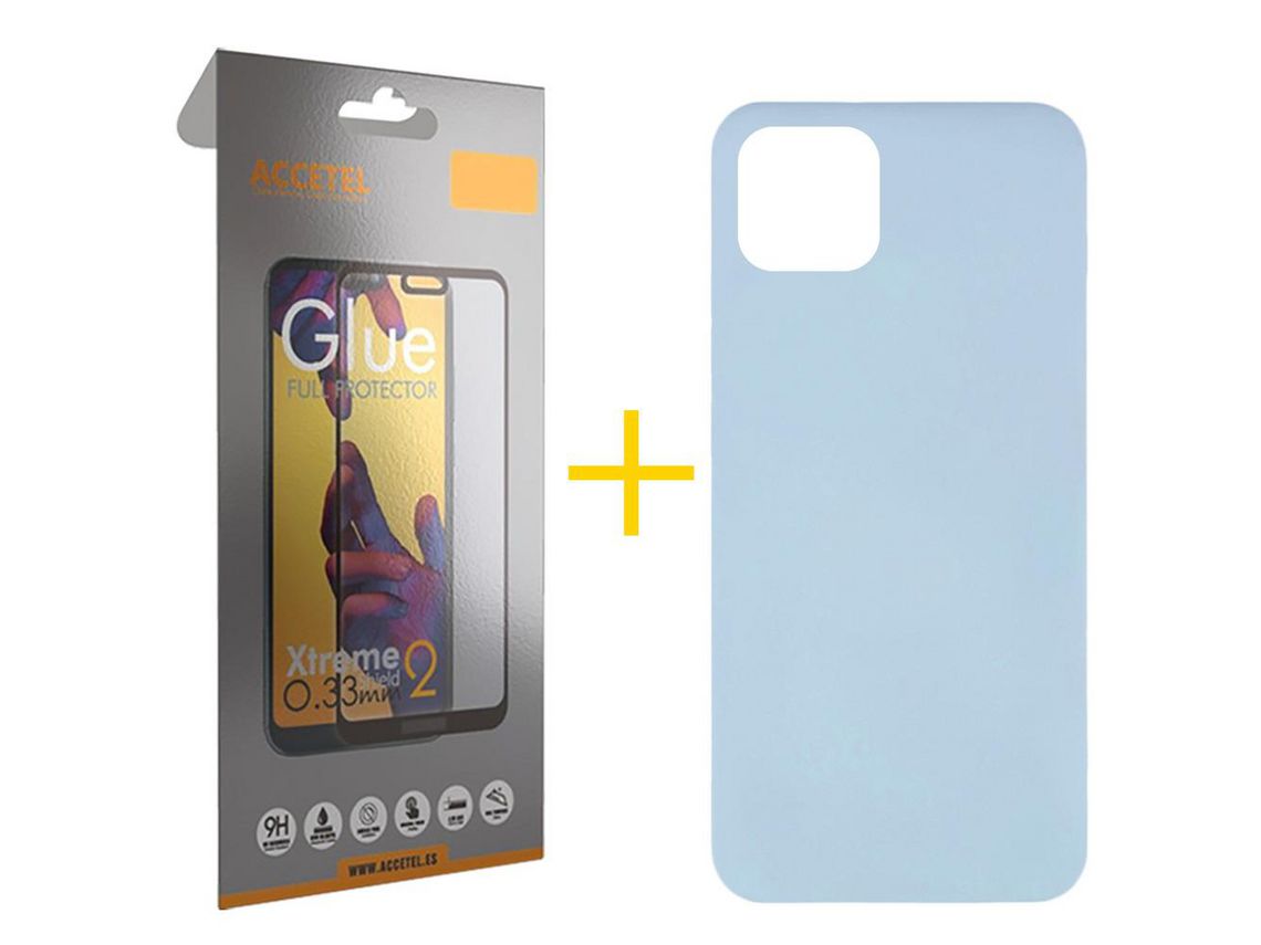 Pack 1 x Protector de Vidrio Templado Full + Funda ACCETEL para iPhone 11 Silicona Líquida Azul Claro