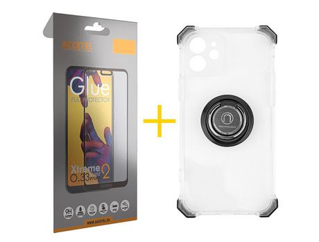 Pack 1 x Protector de Vidrio Templado Full + Funda ACCETEL para iPhone 12 Gel Bumper con Anillo Rojo