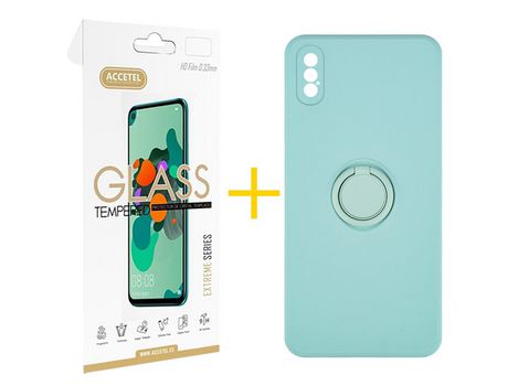 Pack 1 X Protector de Vidrio Templado 2.5D + Funda ACCETEL para iPhone XS Max Gel O-Ring Verde-Agua