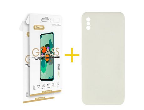 Pack 2 X Protector de Vidrio Templado 2.5D + Funda ACCETEL para iPhone XS Max Silicona Líquida Arena