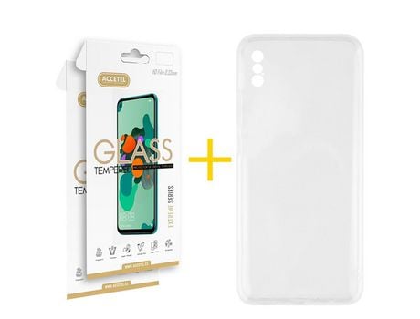 Pack 2 X Protector de Vidrio Templado 2.5D + Funda ACCETEL para iPhone XS Max Silicona Líquida Transparente Clear