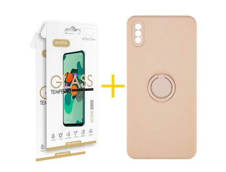 Pack 2 X Protector de Vidrio Templado 2.5D + Funda ACCETEL para iPhone XS Max Gel O-Ring Rosa Pastel